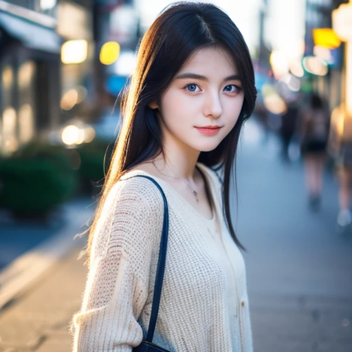 A photorealistic portrait of a 19-year-old Korean woman with long, flowing black hair, porcelain skin, and captivating blue eyes. She stands in a relaxed, natural pose on a city sidewalk, dressed in a stylish, contemporary outfit, bathed in the warm glow of the evening sun, her expression friendly and inviting, captured in stunning 8K HDR detail.