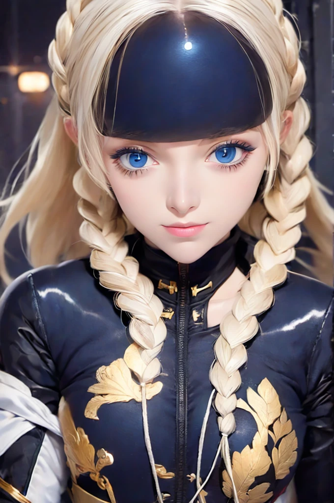 Woman with ,golden white hair,Blue eyes,,,black spacesuit