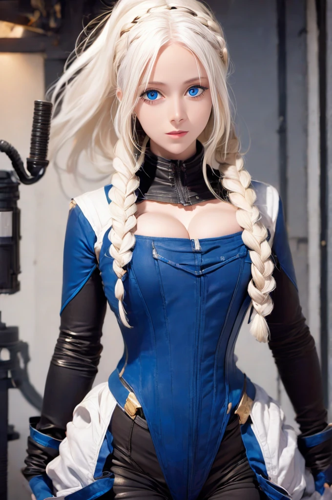 Woman with ,golden white hair,Blue eyes,,,black spacesuit
