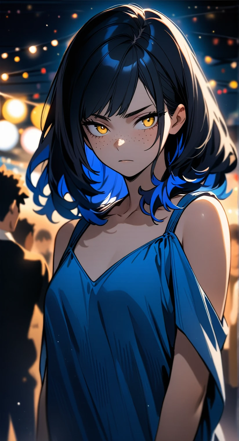 artwork) (Mega quality) (detailed). 1 girl, my hero academia black hair,long, and blue tips, blue locks, yellow eyes, with freckles, a little serious, half body shot, wearing a beautiful blue dress uncovered up, in a night party atmosphere