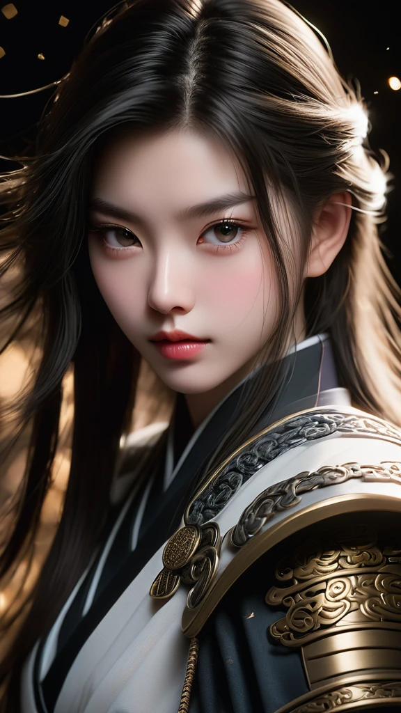 Meticulous, analog style, focus on the eyes, highest quality, (highly detailed skin), photo of very handsome pale skin Chinese donghua girl, 21 years old, (wearing sword), perfect face, pore skin, (penetration:0.5), black background, (bokeh:0.6), sharp focus, grainy lighting, (backlight:0.7), film grain, photographed with Sony A7R IV camera, 18mm F/1.7 cine lens, (highly detailed, intricate detail), 8k, HDR, front view, (full body: 0.9), (wearing flip) 