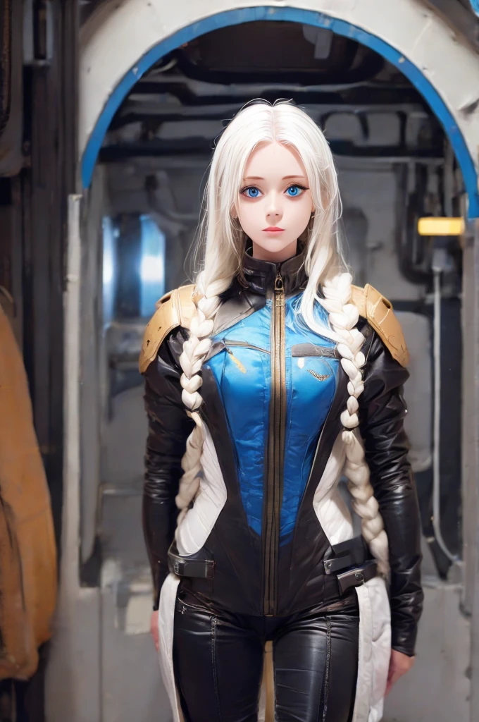 Woman with ,golden white hair,Blue eyes,,,black spacesuit