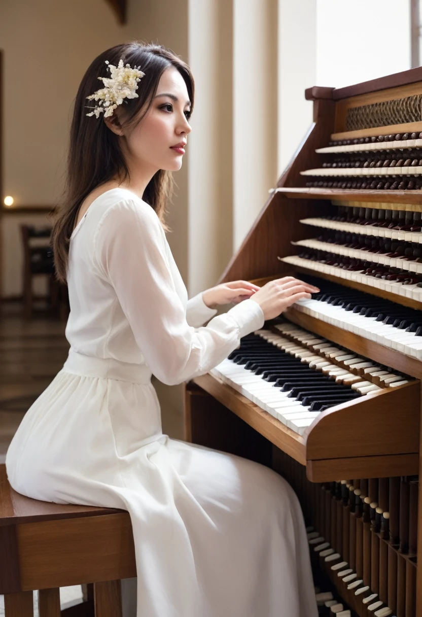 Beautiful woman playing the pipe organ
