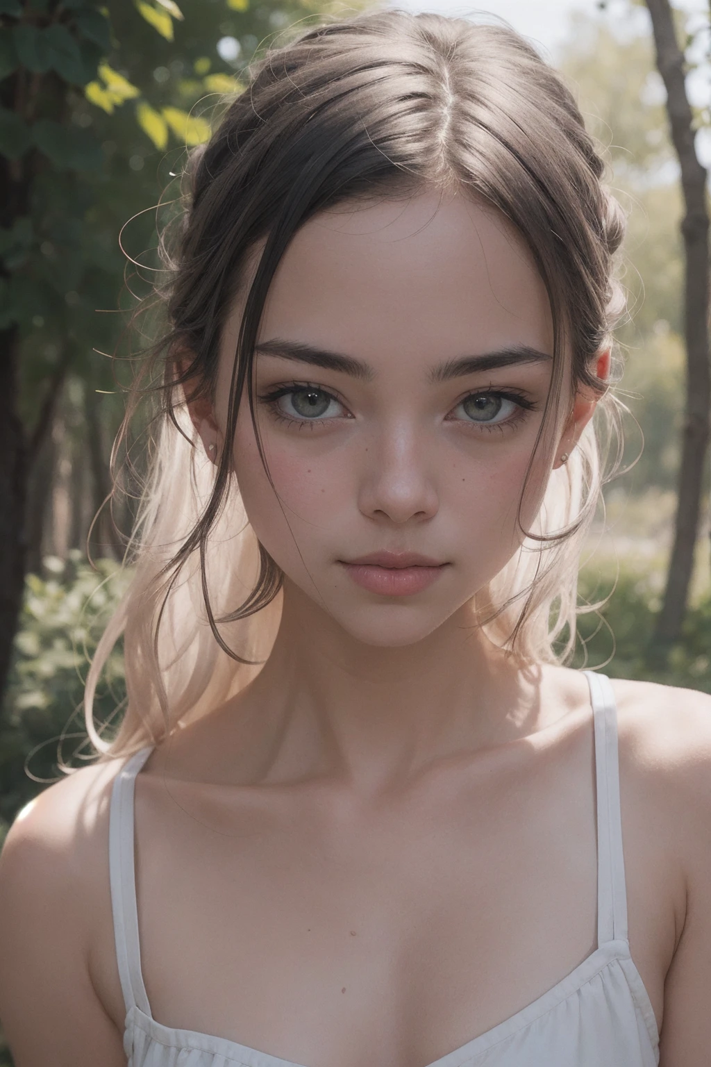 Portrait, shot on Leica, shadowplay, gorgeous lighting, subtle pastel hues, outdoors