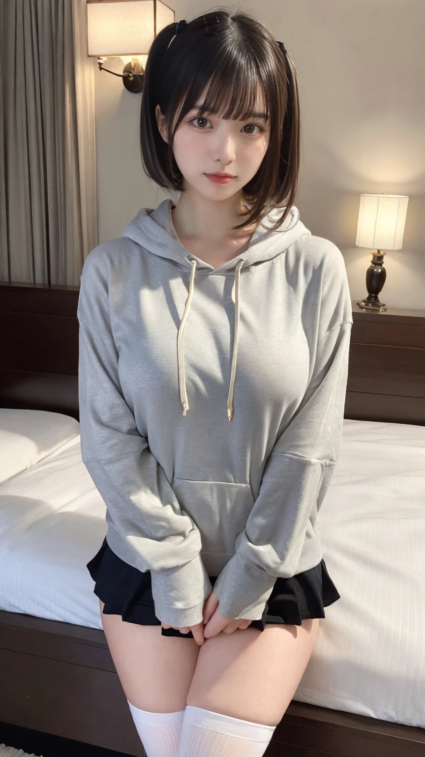 masterpiece, best quality, illustration, Super detailed, fine details, High resolution, 8K,wall paper, perfect dynamic composition,(Details High quality, realistic depiction of eyes:1.3), Oversized Light Grey Hoodie, Erotic Short, knee high sock, large breasts, black hair color, Big Natural Color Lip, bold sexy pose, (perfect body shape), crying a little、cold gaze, Harajuku style、20 year old girl、cute type、ta、beautiful legs, hotel room, hposing Gravure Idol, Voluptuous thighs