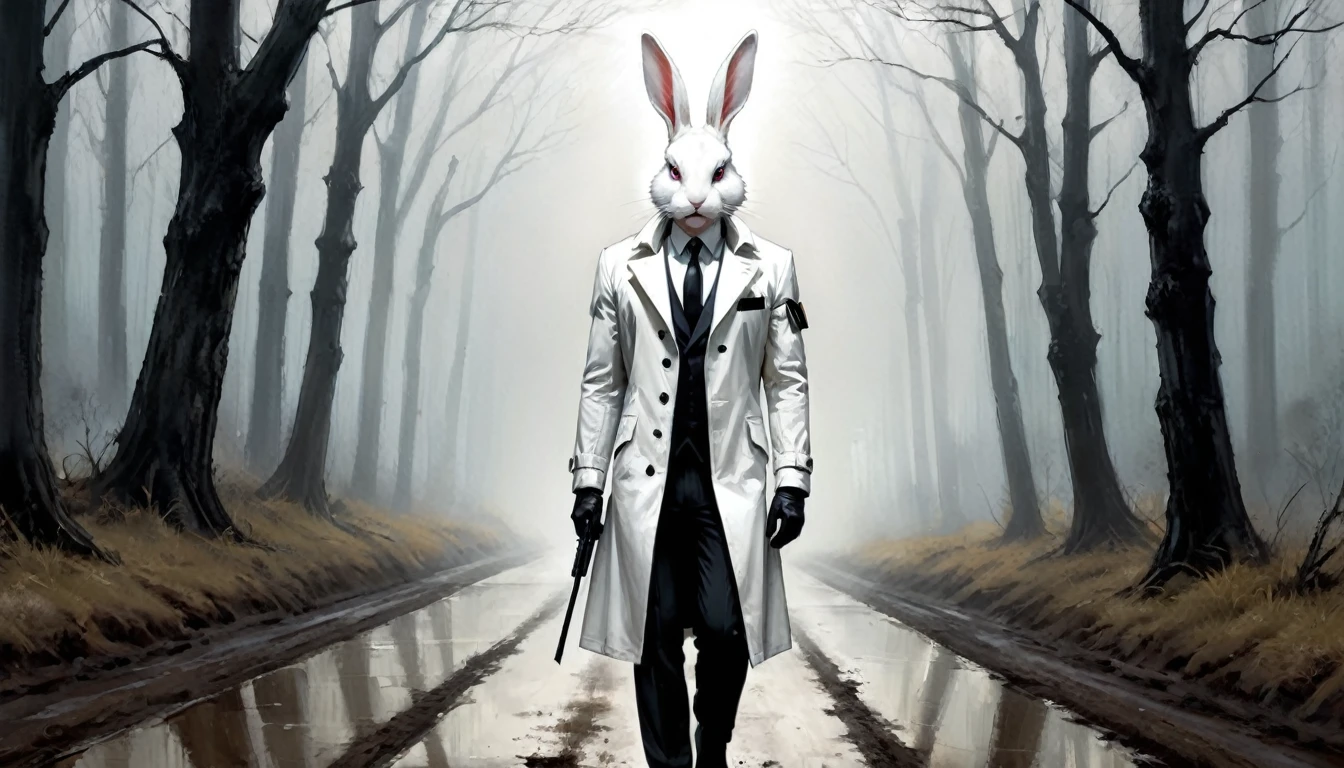 Full body painting of a man with a white rabbit head with a hybrid human rabbit face, strong male facial features, in a white trench coat, a black james bond tuxedo under the trench coat with a black tie, russ mills, by Ben Templesmith, inspired by Santiago Caruso, inspired by ashley wood, ashley wood illustration, from the sandman netflix show, stern looking rabbit in a lab coat, inspired by Stephen Gammell, eric lacombe, shawn coss, stephen gammell style, inspirational artwork, big bulging bloodshot rabbit eyes, The rabbit man looks old but strong almost like an old military veteran, He is walking on a dirt road in the forest, if James Bond or Jack Reacher was a white rabbit he would look like this.