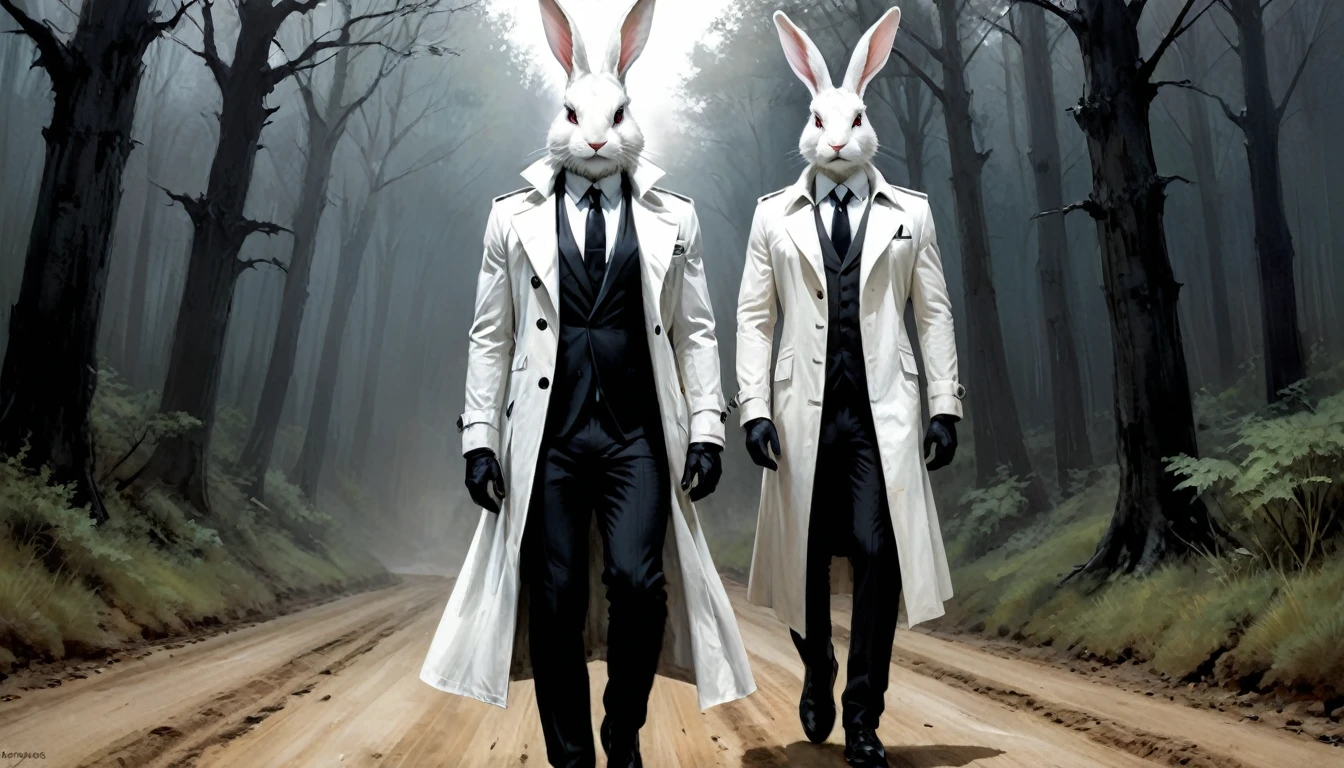 Full body painting of a man with a white rabbit head with a hybrid human rabbit face, strong male facial features, in a white trench coat, a black james bond tuxedo under the trench coat with a black tie, russ mills, by Ben Templesmith, inspired by Santiago Caruso, inspired by ashley wood, ashley wood illustration, from the sandman netflix show, stern looking rabbit in a lab coat, inspired by Stephen Gammell, eric lacombe, shawn coss, stephen gammell style, inspirational artwork, big bulging bloodshot rabbit eyes, The rabbit man looks old but strong almost like an old military veteran, He is walking on a dirt road in the forest, if James Bond or Jack Reacher was a white rabbit he would look like this.