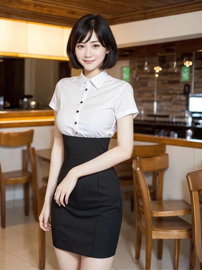 Highest quality、masterpiece、8k、Very detailed、Realistic、Looking at me with a smile、whole body、Black Hair、Short Hair、Small face、Slender、Big Breasts、Thin and beautiful legs、narrow and constricted waist,、Family Restaurant Uniforms