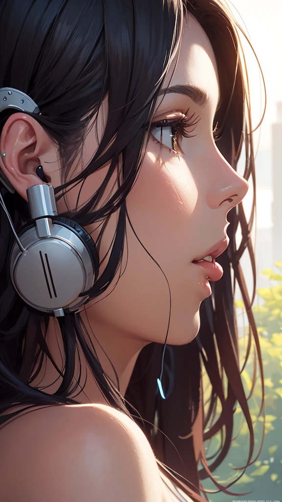 a beautiful relaxed girl with headphones listening to music, close-up portrait, profile view for magazine cover, hyperrealistic, detailed facial features, long eyelashes, soft skin, flowing hair, natural lighting, vibrant colors, elegant, serene expression, intricate details, cinematic composition, high-resolution, photorealistic, digital painting, masterpiece