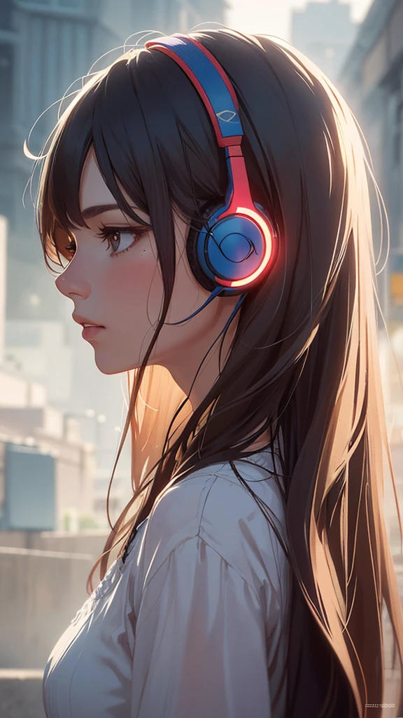 a beautiful relaxed girl with headphones listening to music, close-up portrait, profile view for magazine cover, hyperrealistic, detailed facial features, long eyelashes, soft skin, flowing hair, natural lighting, vibrant colors, elegant, serene expression, intricate details, cinematic composition, high-resolution, photorealistic, digital painting, masterpiece