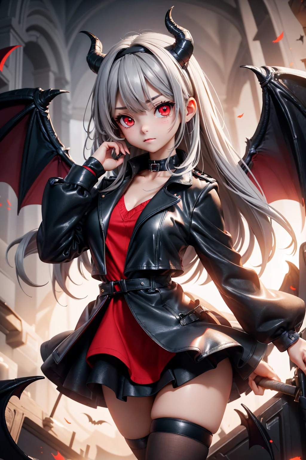 (Highest quality,Very detailed,High resolution:1.2),One Girl,Gray Hair,The most beautiful girl in human history,Sad look,暗い red eyes (暗いred eyes:1.1),暗い aura(aura:1.1),(mysterious,Ghostly:1.1) atmosphere,Looks like half a demon,(Demonic traits,Devilish Features),(Elaborate,Brilliant) ,Small Ass,Black Stockings,Black Stockings,Knee-length skirt,Red Shirt,Black long coat,Put on a long coat like the Grim Reaper over your head,It has huge bat-like wings growing from its shoulders.,Wear a headband in the shape of a bat&#39;s wing,A big full moon shines in the dark night sky

