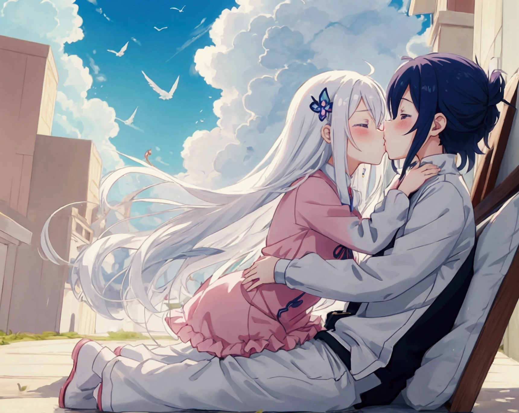 
anime, kids, kids cute, couple kissing in the sky with birds flying overhead, kissing together cutely, romanticism lain, shoujo romance, sakimi chan, lovely kiss, kissing together, anime picture, in love, kissing, romantic!!!, anime, re:zero, echidna, subaru, making love, cute anime, beautiful anime, anime!!, anime wallaper, cielo hermoso, lagrimas de felicidad en la niña, echidna niña, pelo blanco, cejas gruesas blanca.