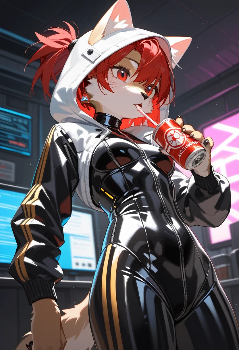 Highest quality, Highest quality, High quality illustrations, masterpiece, Ultra-high resolution, Detailed Background, room, Absurd, Perfect Anatomy, performance, Good lighting, Shadows in the movies(kemono, Furry PersonifiCation), Cat, Red Hair, Rubber Suit, latex, neon, neonライト, neonカラー, Bodysuits, Cyber Suit, cyber punk, White Rubber Hoodie, Drinking canned coffee, Earrings, Tattoo, Dynamic Angle