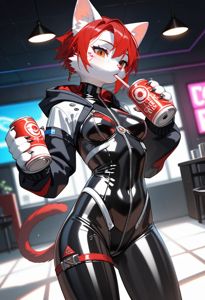 Highest quality, Highest quality, High quality illustrations, masterpiece, Ultra-high resolution, Detailed Background, room, Absurd, Perfect Anatomy, performance, Good lighting, Shadows in the movies(kemono, Furry PersonifiCation), Cat, Red Hair, Rubber Suit, latex, neon, neonライト, neonカラー, Bodysuits, Cyber Suit, cyber punk, White Rubber Hoodie, Drinking canned coffee, Earrings, Tattoo, Dynamic Angle