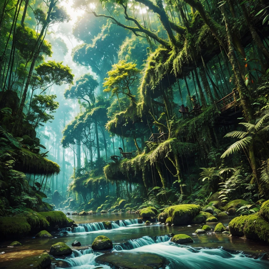 Masterpiece, ultra detailed, beautiful,Super Saturation, jungle adventure,dense forest, arcadia