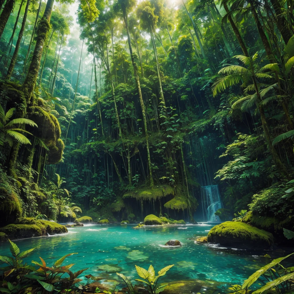 Masterpiece, ultra detailed, beautiful,Super Saturation, jungle adventure,dense forest, arcadia