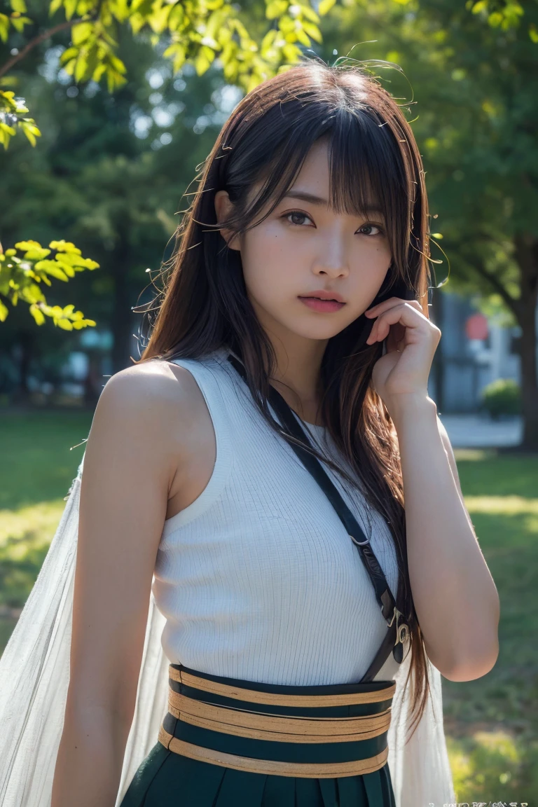 (Highest quality:1.4),(masterpiece:1.4),(Realistic:1.4),(Realistic:1.2),(超High resolution, RAW Photos:1.4),(High resolution, Ultra-detailed:1.2),(8k:1.2),Cinematic photography,a photo of a dark-haired,One girl,alone,wear ,((Japanese female warrior))、((Upper Body:1.3))、Raise your arms to show your sides、((Raise your arms to show your sides))、In the park