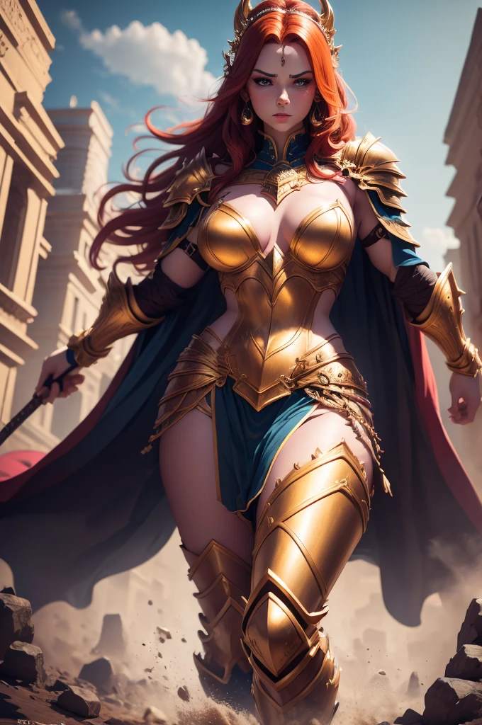 A giant 4.5 meter tall female goddess, with copper red hair, golden eyes, wearing red knight armor, muscular build, carrying a large mace, intimidating expression, round nose, (best quality,4k,8k,highres,masterpiece:1.2),ultra-detailed,(realistic,photorealistic,photo-realistic:1.37),epic fantasy,dark fantasy,dramatic lighting,dramatic atmosphere,cinematic,dramatic pose,highly detailed facial features,extremely intricate armor details,glowing energy effects