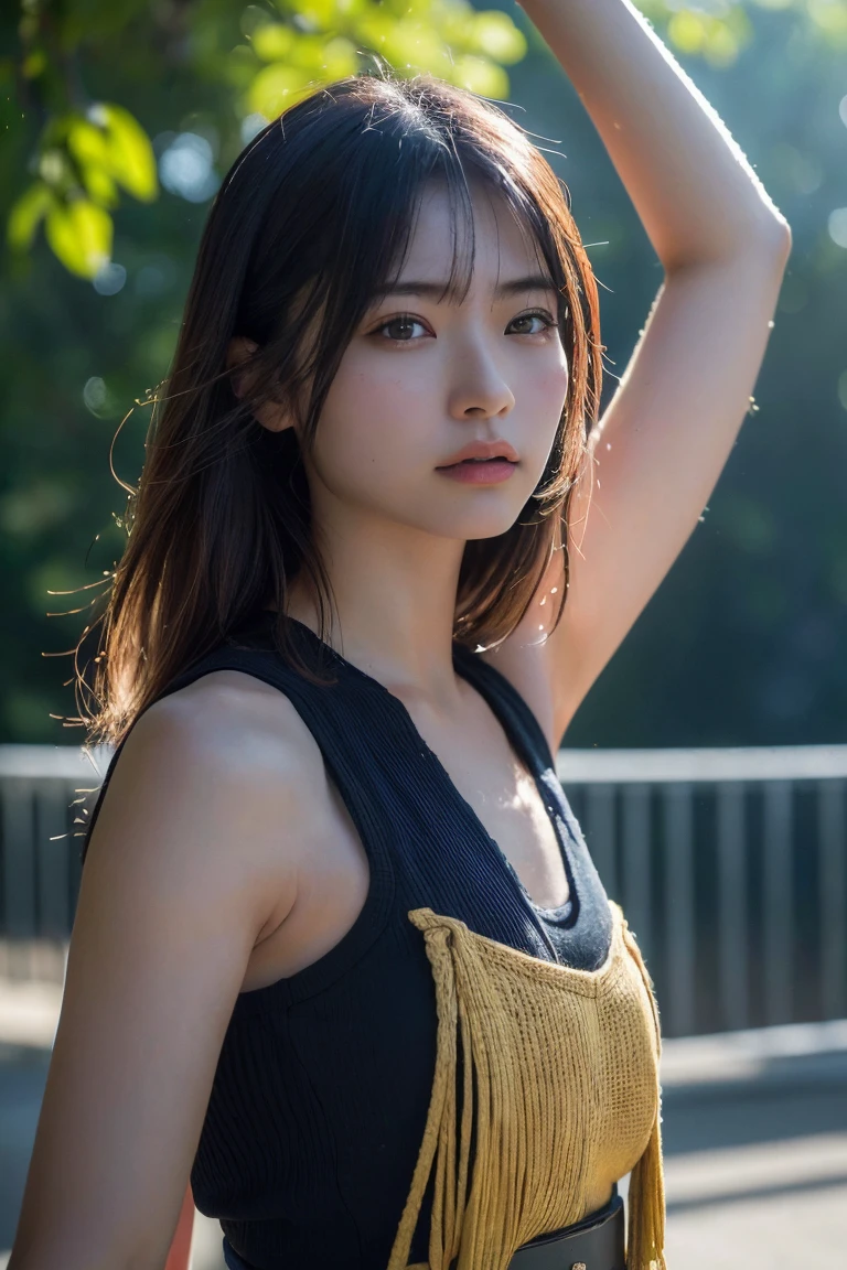 (Highest quality:1.4),(masterpiece:1.4),(Realistic:1.4),(Realistic:1.2),(超High resolution, RAW Photos:1.4),(High resolution, Ultra-detailed:1.2),(8k:1.2),Cinematic photography,a photo of a dark-haired,One girl,alone,wear ,((Japanese female warrior))、((Upper Body:1.3))、Raise your arms to show your sides、((Raise your arms to show your sides))、In the park