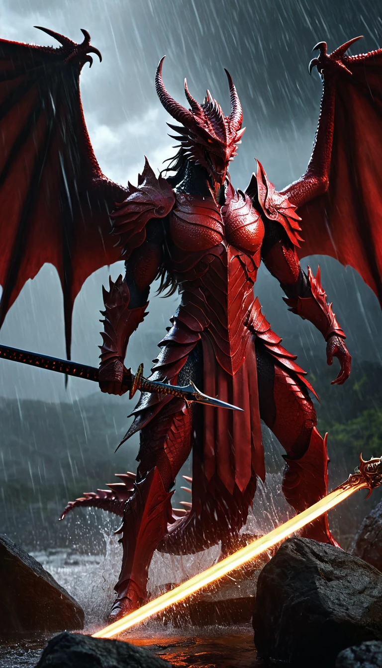 masterpiece,best quality,4k,photoillustration of 1archdemon((masterpiece best quality), (perfect anatomy), (perfect proportion body))1angel, archdemon, steel-blade wings((dragon wings)blade wings:1.3)), blooded wings, tall wings(tall wings:1.7), close wings(closed wings:1.5) hold a flame_sword with his two hands((hold sword with two hands)(accurate:1.8)), sticking the sword in the rock, lightning struck to the sword, attacking stance, splashing red liquid surround, red rain, heavy rain, dynamic movement, cinematic motion, epic realism, hyper realistic, dramatic light, red sweat splashing, above view, red drips on face, dark_smoke and thunder, background, mourning UHD, 8k