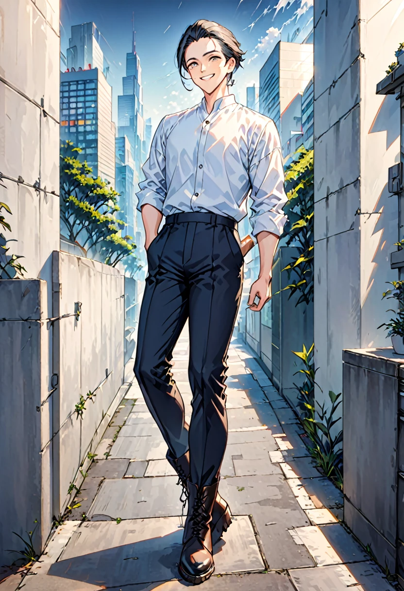 
"Create an image of a handsome, slim counselor without a beard. He is wearing a suit, white shirt, and boots. His hair is short, slicked-back, and silver. The background is a bright cityscape. He has a cheerful mood with a wry smile and a calm, piercing gaze. He is holding a cigarette and is either leaning against a wall or walking. Use a surreal, conceptual art style with high detail and quality."