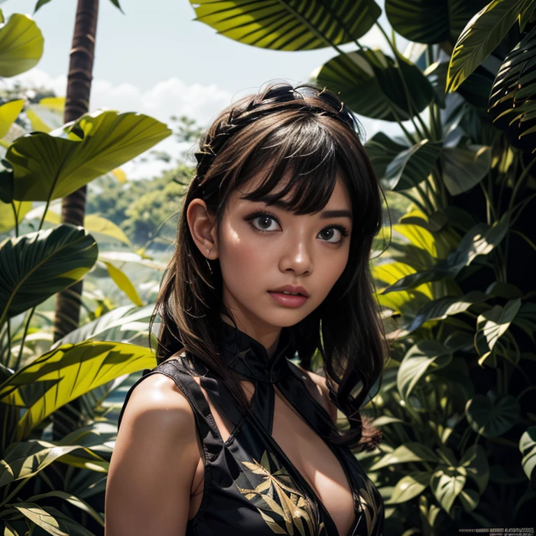 niji、eyesgod、(Jungle Adventure:1.5)、Mangrove Forest、Wearing a black dress_A woman like a leopard:1.9、Surprised expression、Photographed from the front、Cowboy Shot、Lush tropical foliage、Dramatic lighting、Cinematic composition、Very detailed、Photorealistic、8k、masterpiece