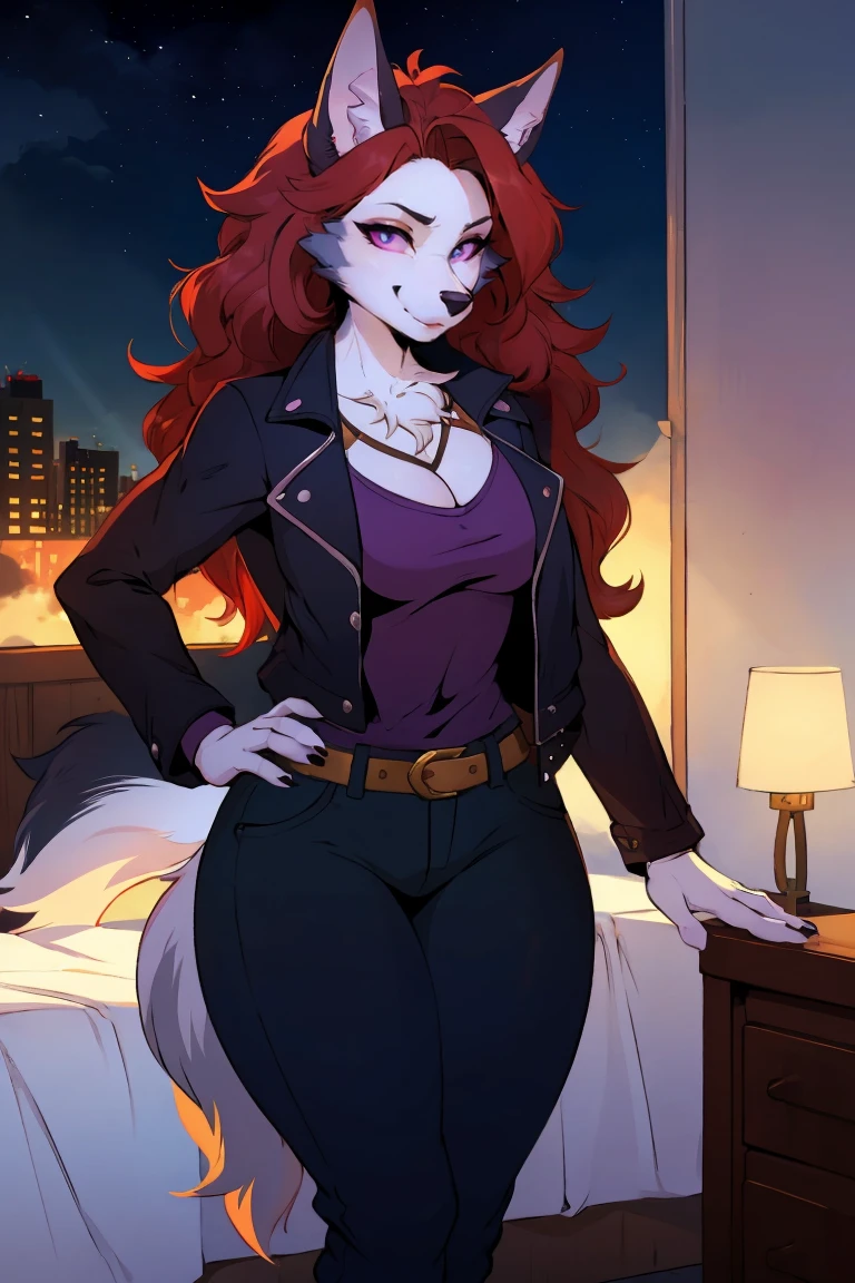 (Wolf_girl:1.2),Beautiful figure,Height 193 cm,Long flowing red hair, close_up,(Fluffy anthropomorphic furry :1.6),curls,fur,Neck hair,Extremely fine fur,aldult, 33 years old, Mature, Solitary, only, Smile, Animal ears,(looking at viewer:1.2)masterpiece, Best Art, Detailed hands, Delicate eyes, night, Anime latest art style, 金色curls, Deep purple eyes, permanent, sports, Big body, permanent, bedroom, Bad Guy, Pants, jacket, Steampunk, Ninja Costume, Wide hips,Sexy thighs