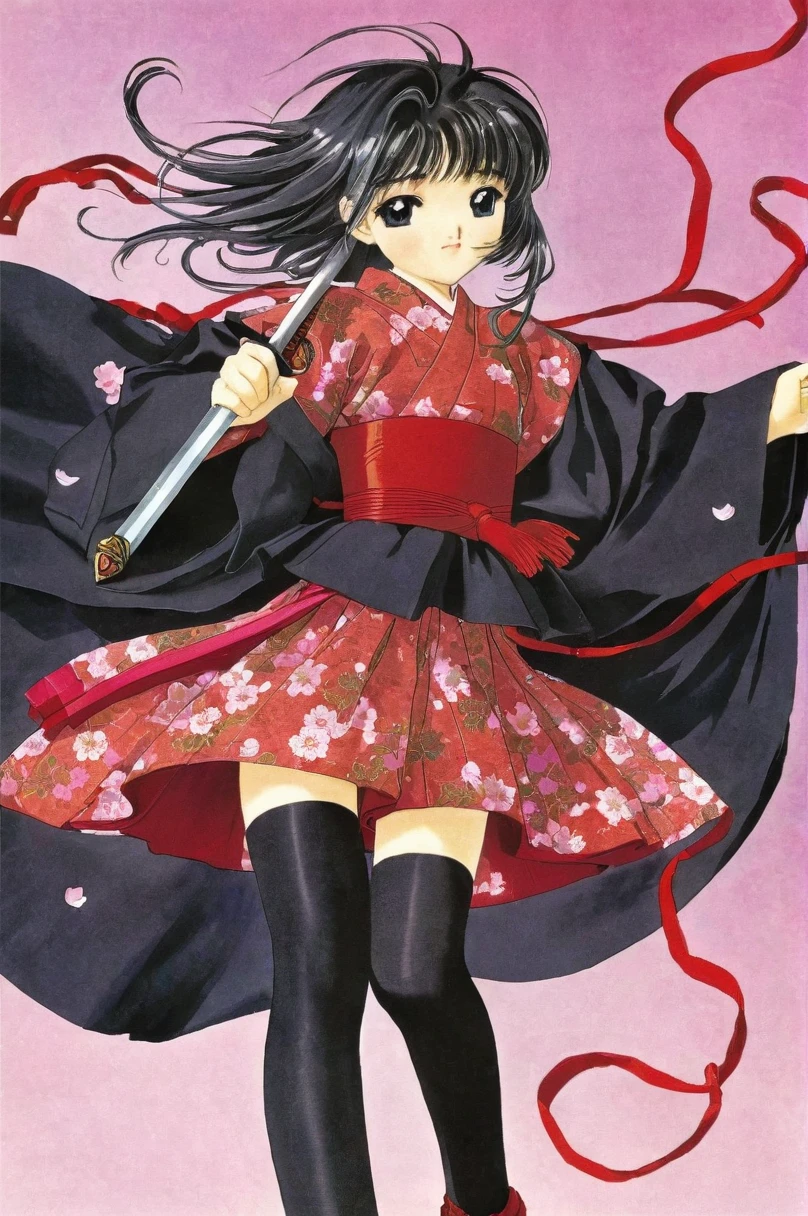  girl underwear, sakura shinguuji、Realistic bloomers made from patterned cotton fabric, Kimono and Hakama, Fabric Realism, Low Angle, I see bloomers, Pull up the dress by hand, Strong winds, Translucent slip, Translucent slip, tights, Highest quality,  whole body、Black Hair、Holding a sword、Big ribbon in hair