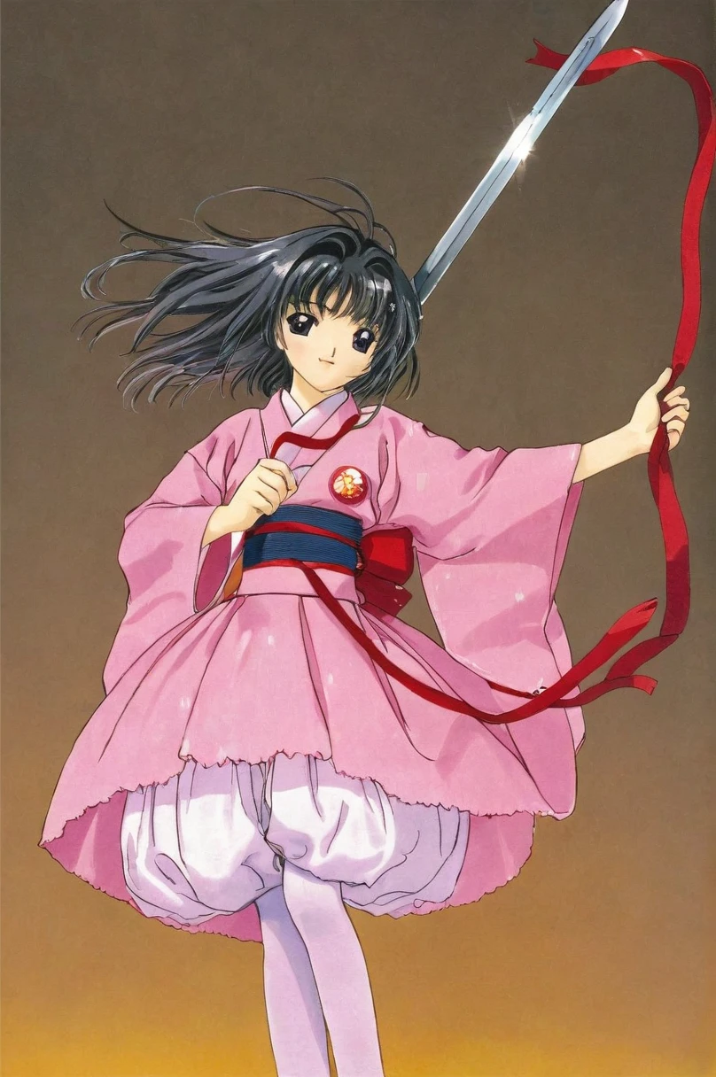10 year old girl underwear, sakura shinguuji、Realistic bloomers made from patterned cotton fabric, Kimono and Hakama, Fabric Realism, Low Angle, I see bloomers, Pull up the dress by hand, Strong winds, Translucent slip, Translucent slip, tights, Highest quality, whole body、Black Hair、Holding a sword、Big ribbon in hair