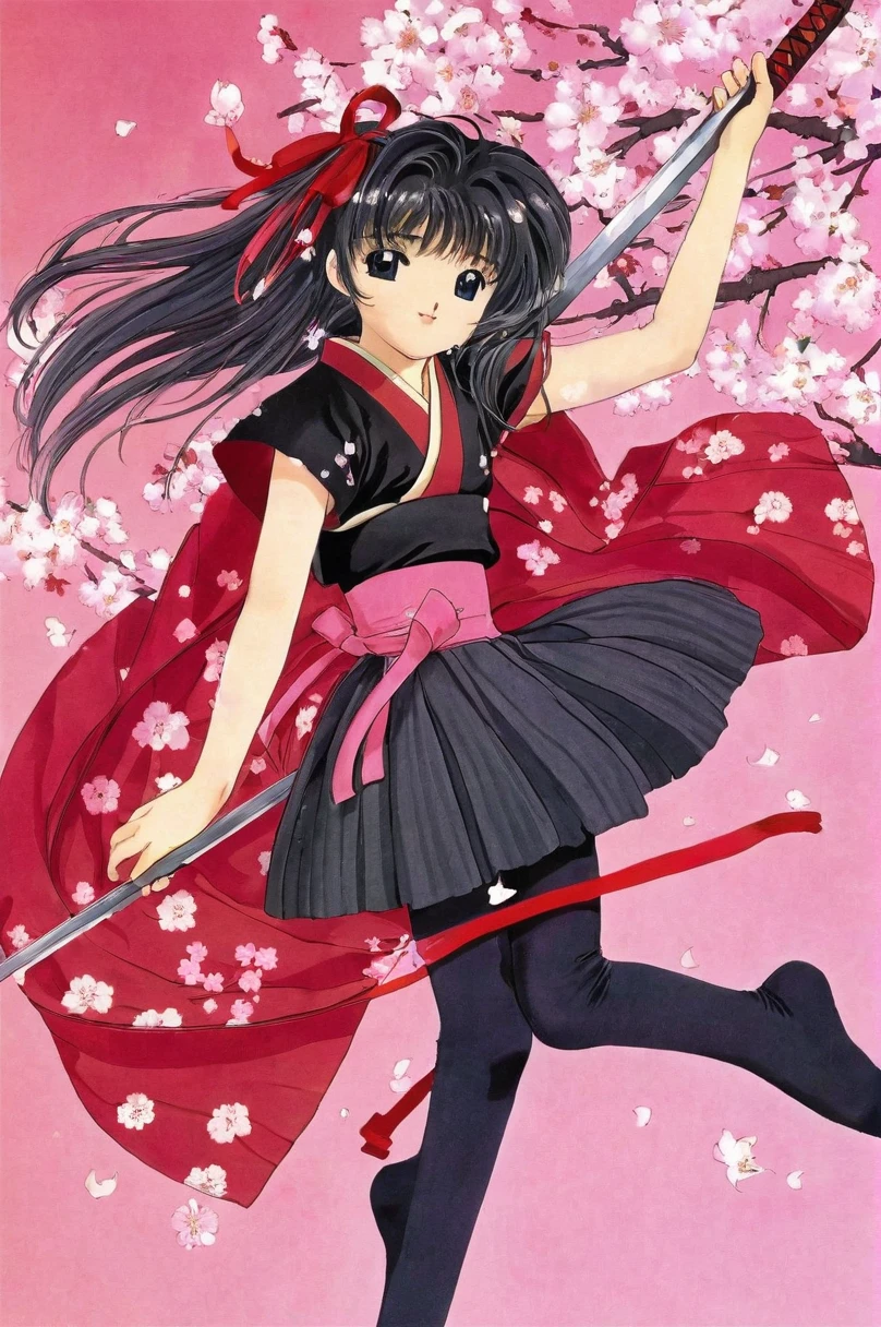  girl underwear, sakura shinguuji、Realistic bloomers made from patterned cotton fabric, Kimono and Hakama, Fabric Realism, Low Angle, I see bloomers, Pull up the dress by hand, Strong winds, Translucent slip, Translucent slip, tights, Highest quality,  whole body、Black Hair、Holding a sword、Big ribbon in hair