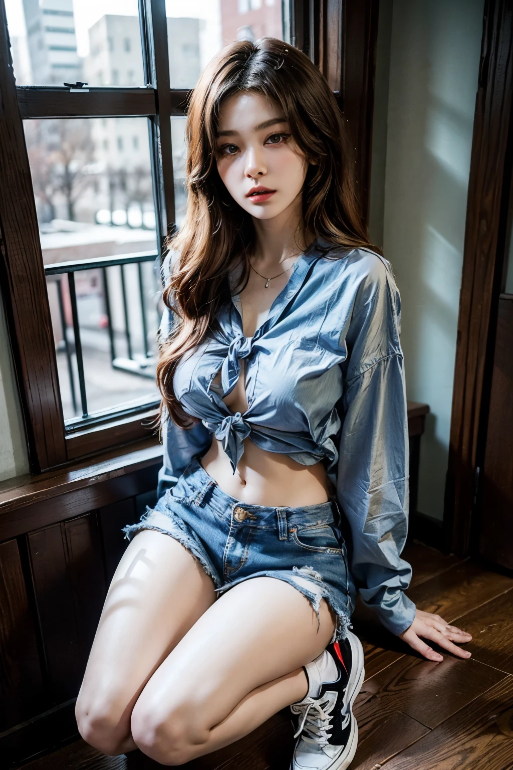 (RAW shooting, Photoreal:1.5, 8k, highest quality, masterpiece, ultra high resolution), perfect dynamic composition:1.2, Fight:1.2, Highly detailed skin and facial textures:1.2, 1girl:1, asian girl:1,Glamourous female with a purse, beautiful and aesthetic:1.2, sexy beauty, perfect style, belief, Strong-willed, revenge, Fair skin, very beautiful face, (large breast, Chest gap), (wearing a sexy casual fashion:1.2), (beautiful eyes, Eyes that feel beautiful eros:1.0), (Too erotic:0.9, Bewitching:0.9), (full body photo:1.2), (perfect limbs:1.2), (perfect fingers:1.2),(tied shirt, denim shorts sneakers, long hair, navel,seulgi),(simple background:1),(knees together),
