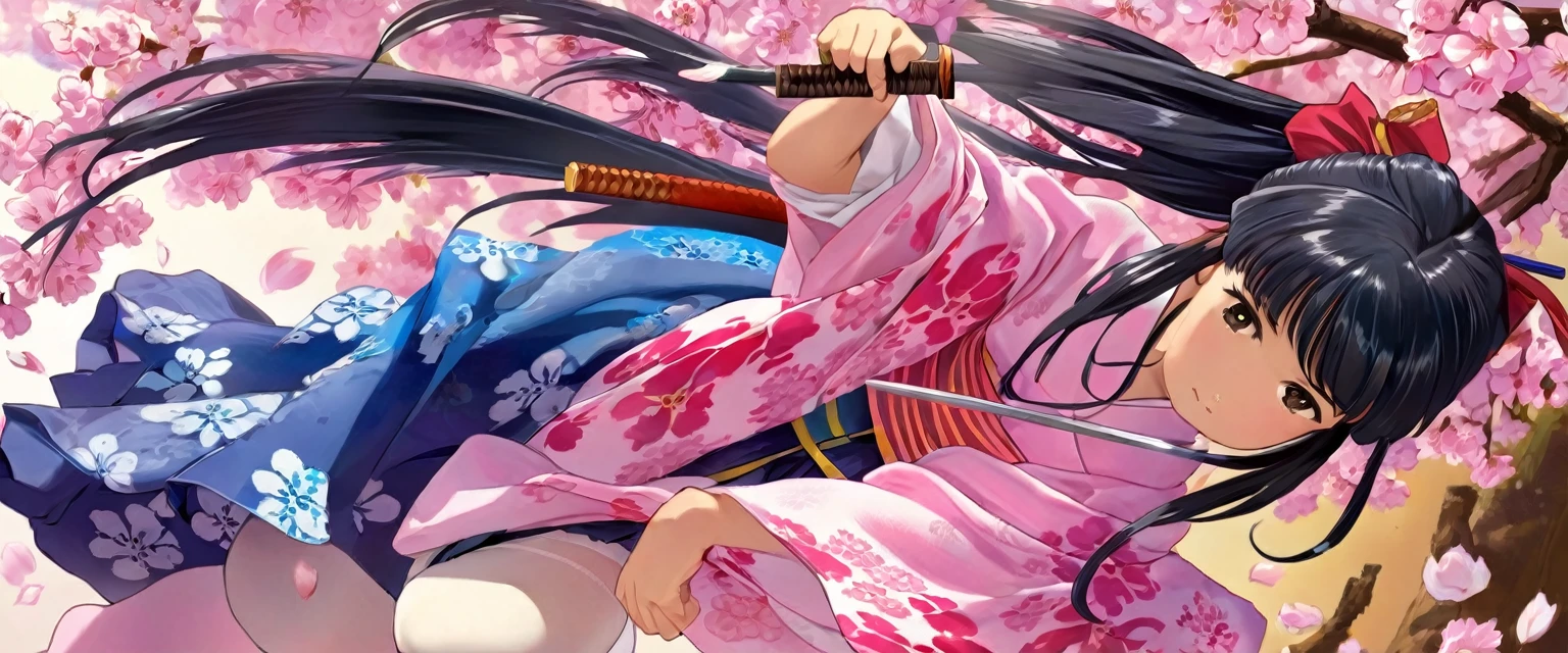 10 year old girl underwear, sakura shinguuji、Realistic bloomers made from patterned cotton fabric, Kimono and Hakama, Fabric Realism, Low Angle, I see bloomers, Pull up the dress by hand, Strong winds, Translucent slip, Translucent slip, tights, Highest quality,  whole body、Black Hair、Holding a sword、Big ribbon in hair