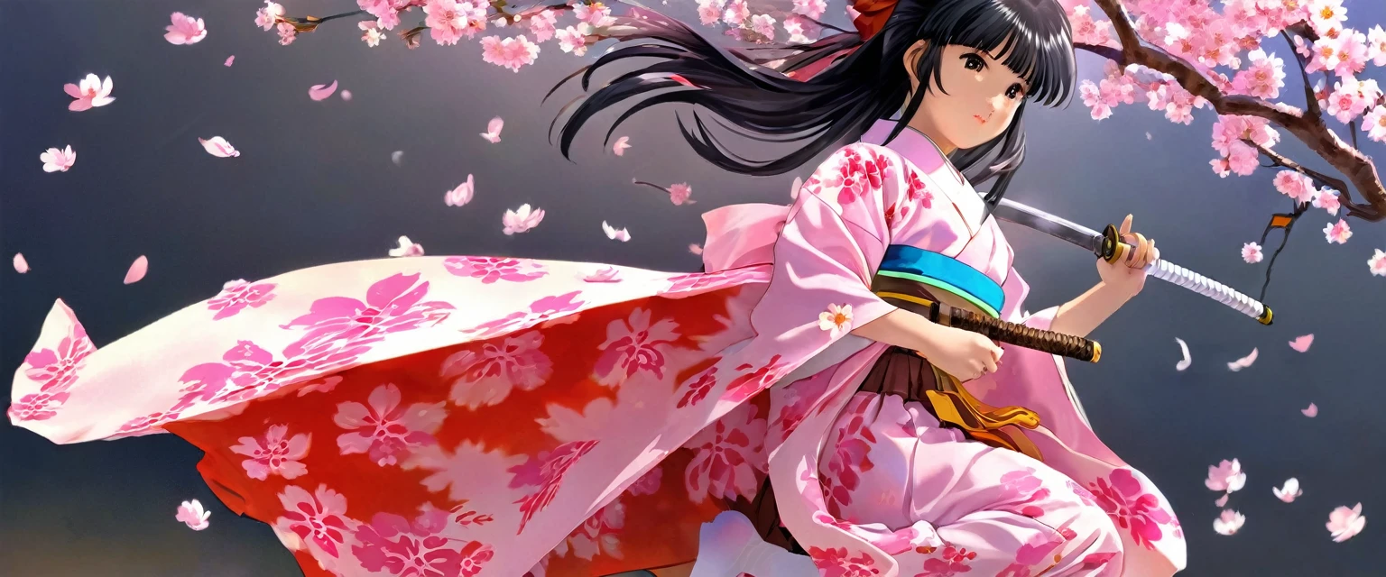 10 year old girl underwear, sakura shinguuji、Realistic bloomers made from patterned cotton fabric, Kimono and Hakama, Fabric Realism, Low Angle, I see bloomers, Pull up the dress by hand, Strong winds, Translucent slip, Translucent slip, tights, Highest quality, whole body、Black Hair、Holding a sword、Big ribbon in hair