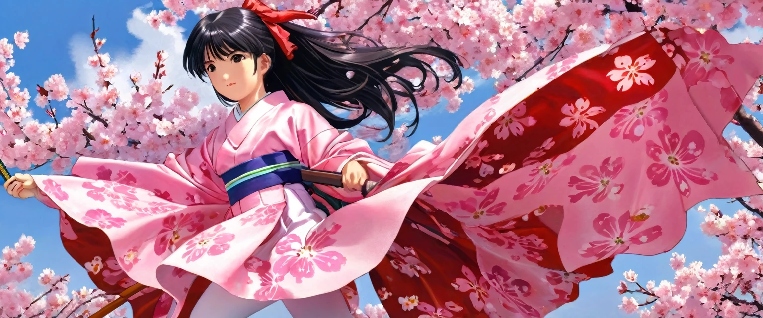 10 year old girl underwear, sakura shinguuji、Realistic bloomers made from patterned cotton fabric, Kimono and Hakama, Fabric Realism, Low Angle, I see bloomers, Pull up the dress by hand, Strong winds, Translucent slip, Translucent slip, tights, Highest quality,  whole body、Black Hair、Holding a sword、Big ribbon in hair