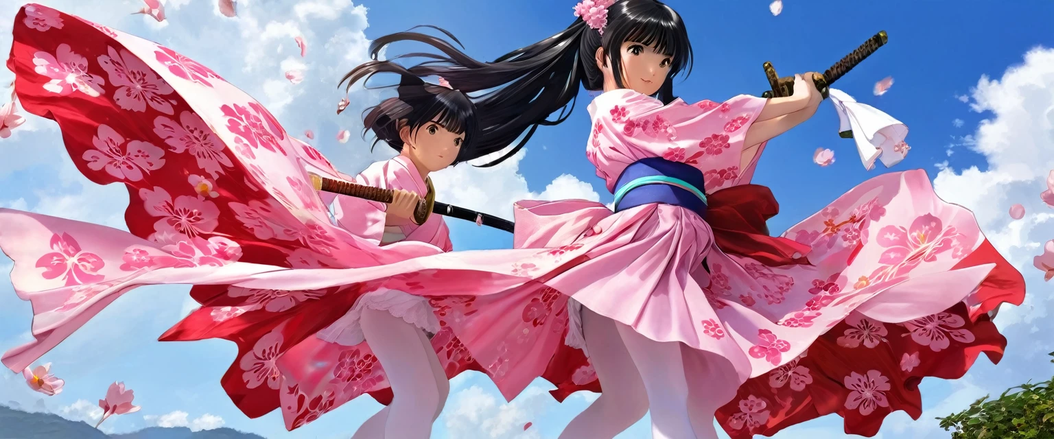 10 year old girl underwear, sakura shinguuji、Realistic bloomers made from patterned cotton fabric, Kimono and Hakama, Fabric Realism, Low Angle, I see bloomers, Pull up the dress by hand, Strong winds, Translucent slip, Translucent slip, tights, Highest quality, whole body、Black Hair、Holding a sword、Big ribbon in hair