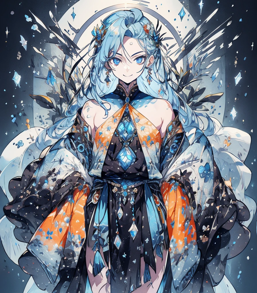 masterpiece, super high quality, ( 非常にdetailedなオリジナルイラスト),1 person,Ice Princess,Around the ice, Frosty Theme,( 輝く黄colorい目:1.2), A light, cold smile, Arrogant look, Sexy Russian costume, blue crystal jewelry, Ice blue glowing tattoo,detailed,Realistic,4K High Definition,Mappa Studio,masterpiece,Highest quality,Official Art,figure,Clear lines,(nice_color),Perfect composition,Fantasy,Concentration,Front facing,No text