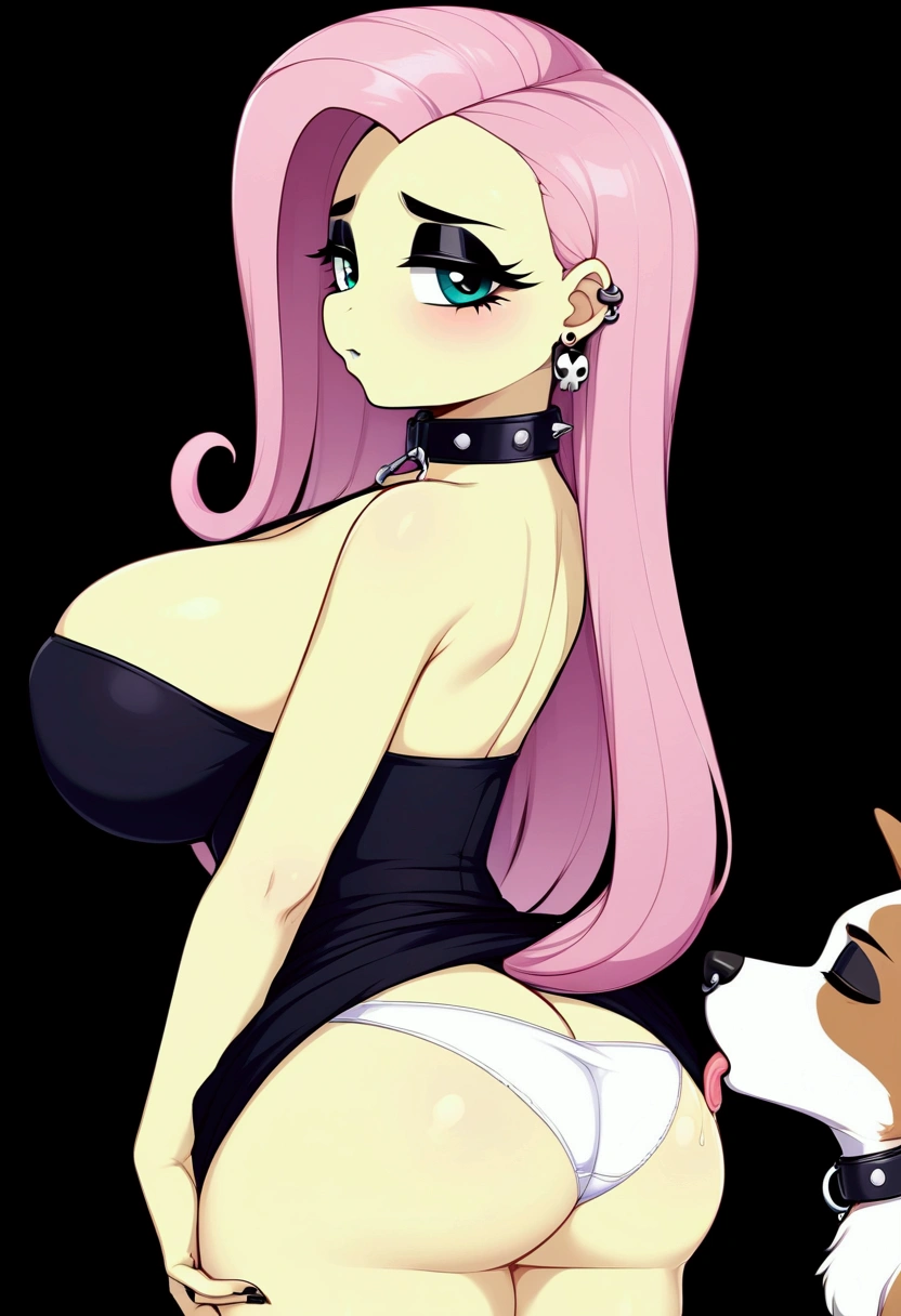 My little pony, fluttershy goth, goth dress, (lifting her white panties up), big breasts, dog collar, earrings, piercing, black eyeshadow, black nails, sexy ass, kissing with dog 