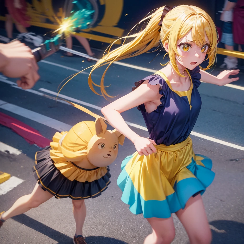 Create an anime-style image of a clumsy and naturally awkward girl with bright yellow hair. She should be wearing a cute, casual yellow outfit, such as a dress or a top with a skirt. Depict her in a moment where she is tripping or stumbling, showing a panicked and embarrassed expression. Her hair is styled in a playful, slightly messy fashion. The background should be lively and fun, with bright colors and dynamic elements that emphasize her clumsiness. Add small, amusing details around her, like scattered items she has knocked over, to enhance the playful and whimsical atmosphere. Make sure the overall image is vibrant and engaging, suitable for use as a thumbnail.