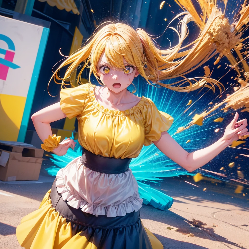 Create an anime-style image of a clumsy and naturally awkward girl with bright yellow hair. She should be wearing a cute, casual yellow outfit, such as a dress or a top with a skirt. Depict her in a moment where she is tripping or stumbling, showing a panicked and embarrassed expression. Her hair is styled in a playful, slightly messy fashion. The background should be lively and fun, with bright colors and dynamic elements that emphasize her clumsiness. Add small, amusing details around her, like scattered items she has knocked over, to enhance the playful and whimsical atmosphere. Make sure the overall image is vibrant and engaging, suitable for use as a thumbnail.