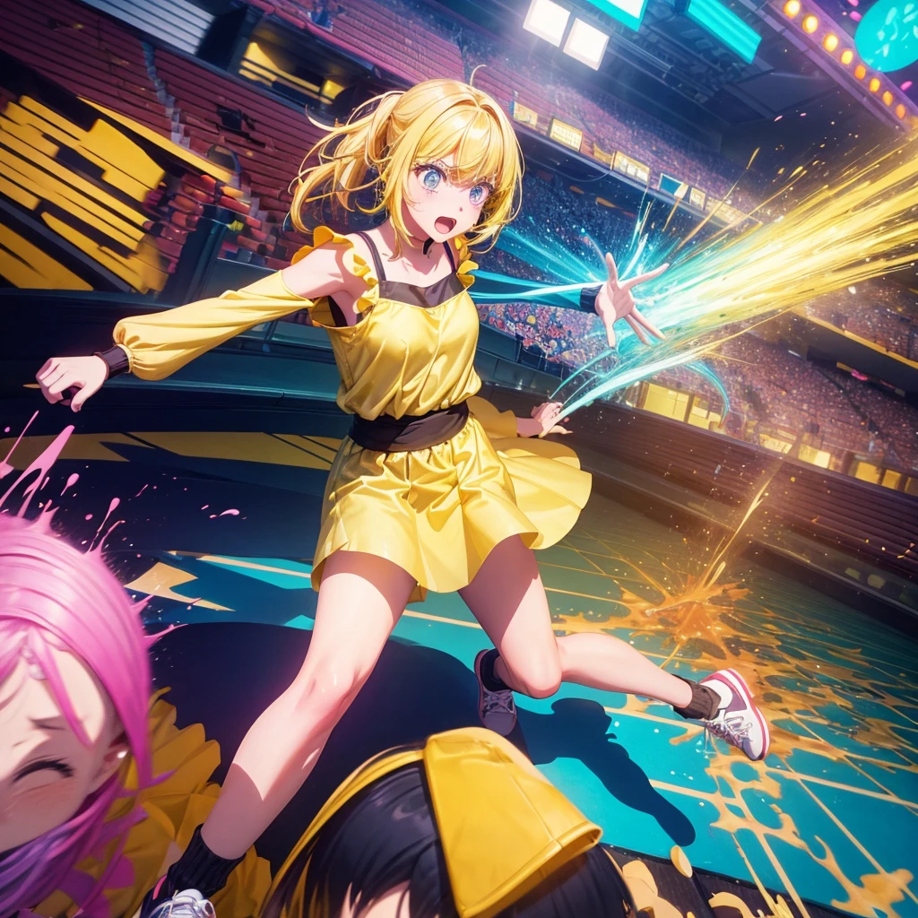 Create an anime-style image of a clumsy and naturally awkward girl with bright yellow hair. She should be wearing a cute, casual yellow outfit, such as a dress or a top with a skirt. Depict her in a moment where she is tripping or stumbling, showing a panicked and embarrassed expression. Her hair is styled in a playful, slightly messy fashion. The background should be lively and fun, with bright colors and dynamic elements that emphasize her clumsiness. Add small, amusing details around her, like scattered items she has knocked over, to enhance the playful and whimsical atmosphere. Make sure the overall image is vibrant and engaging, suitable for use as a thumbnail.