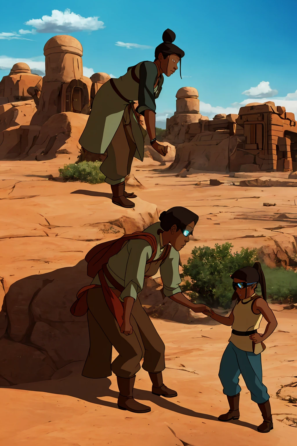  * Yuma wears a sturdy, earth-toned canvas jerkin with metal clasps and leather lining, similar to what a working-class Earth Kingdom citizen might wear.
 * Beneath the jerkin, she has on a soft, light blue undershirt made from breathable air nomad silk.
 * Yuma’s trousers are dark brown, fitted at the ankles to accommodate her earthbending boots. These boots are reinforced with metal plates on the soles and toes for added protection when manipulating earth.
Gadgets:
 * Yuma’s inventions are her signature. She adorns her outfit with various pouches and straps to carry her gadgets.
 * A goggles-like contraption rests on her forehead. These aren’t ordinary goggles; they’re earth-sifting lenses that allow Yuma to analyze the composition of nearby earth, helping her determine the best material for her inventions.
 * A metal band wraps around her upper arm, incorporating various buttons and dials. This is her earthbending amplifier, a device of her own creation that allows her (a non-bender) to manipulate small amounts of earth with the help of earthbending principles and her own ingenuity.