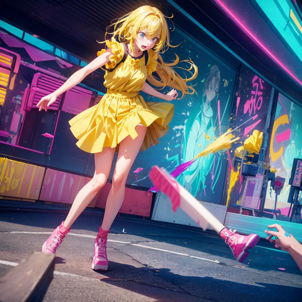 Create an anime-style image of a clumsy and naturally awkward girl with bright yellow hair. She should be wearing a cute, casual yellow outfit, such as a dress or a top with a skirt. Depict her in a moment where she is tripping or stumbling, showing a panicked and embarrassed expression. Her hair is styled in a playful, slightly messy fashion. The background should be lively and fun, with bright colors and dynamic elements that emphasize her clumsiness. Add small, amusing details around her, like scattered items she has knocked over, to enhance the playful and whimsical atmosphere. Make sure the overall image is vibrant and engaging, suitable for use as a thumbnail.