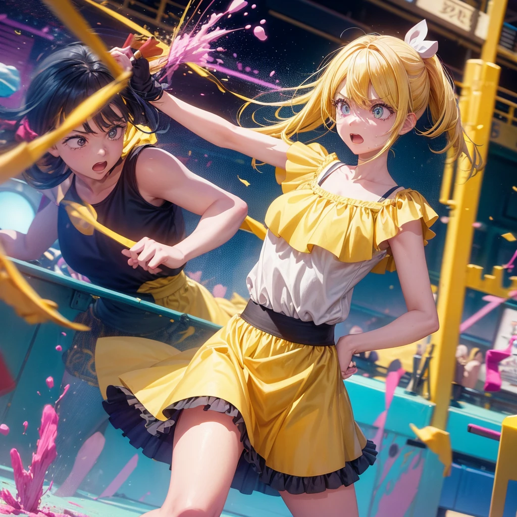 Create an anime-style image of a clumsy and naturally awkward girl with bright yellow hair. She should be wearing a cute, casual yellow outfit, such as a dress or a top with a skirt. Depict her in a moment where she is tripping or stumbling, showing a panicked and embarrassed expression. Her hair is styled in a playful, slightly messy fashion. The background should be lively and fun, with bright colors and dynamic elements that emphasize her clumsiness. Add small, amusing details around her, like scattered items she has knocked over, to enhance the playful and whimsical atmosphere. Make sure the overall image is vibrant and engaging, suitable for use as a thumbnail.