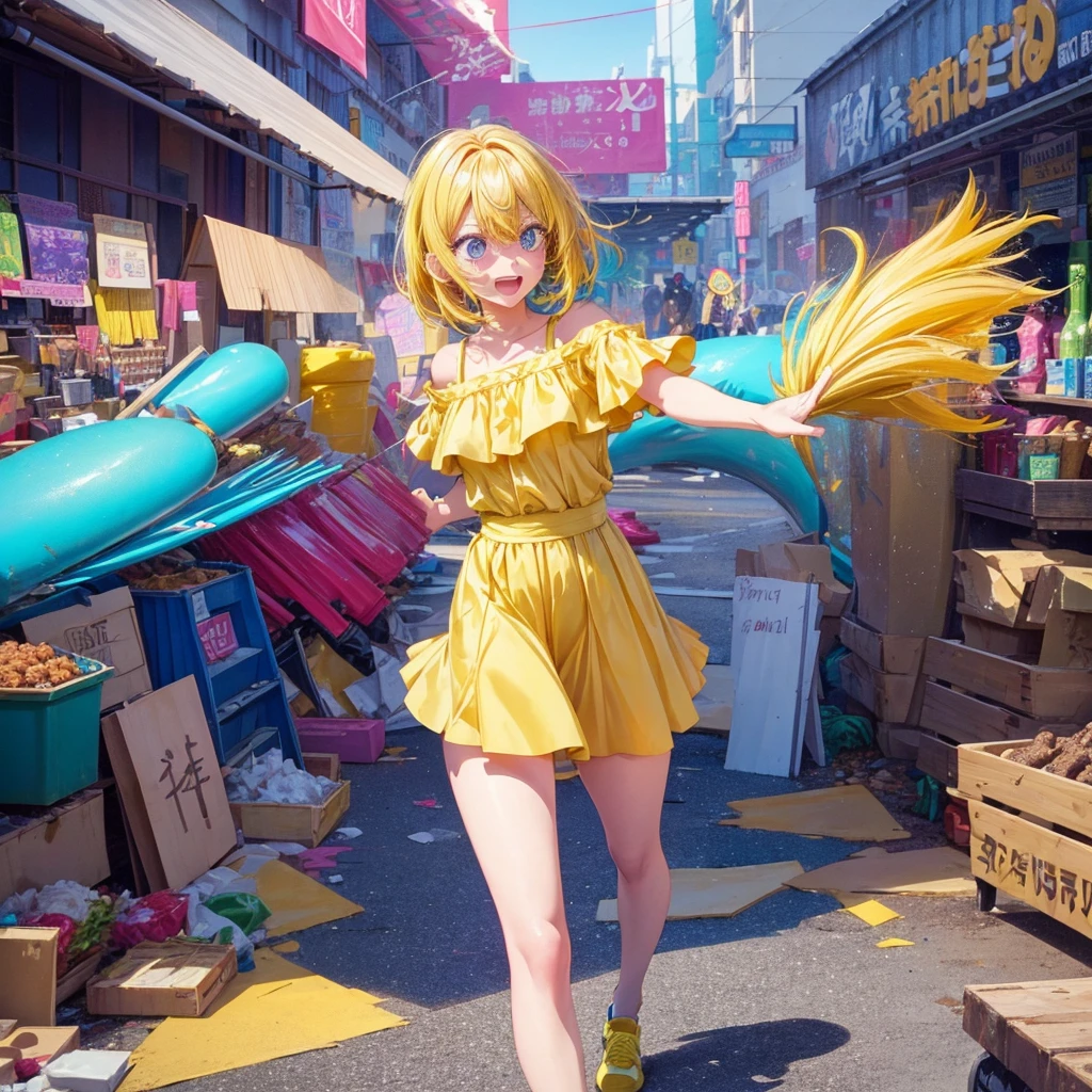 Create an anime-style image of a clumsy and naturally awkward girl with bright yellow hair. She should be wearing a cute, casual yellow outfit, such as a dress or a top with a skirt. Depict her in a moment where she is tripping or stumbling, showing a panicked and embarrassed expression. Her hair is styled in a playful, slightly messy fashion. The background should be lively and fun, with bright colors and dynamic elements that emphasize her clumsiness. Add small, amusing details around her, like scattered items she has knocked over, to enhance the playful and whimsical atmosphere. Make sure the overall image is vibrant and engaging, suitable for use as a thumbnail.