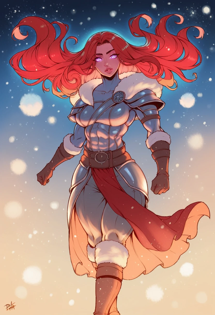 sexy red sonja in winter,red warrior detailed outfit,bold and seductive expression,powerful and confident pose,vibrant red hair flowing in the wind,beautiful detailed eyes,beautiful detailed lips,strong and muscular physique,scenery with snowy mountains in the background,icy and cold atmosphere,a ,alto contraste and dynamic lighting,strong highlights and deep shadows,best qualityer,ultra detali,realisitic:1.37,HDR,studio lighting,sharp focus,proffesional,bright coloured,bokeh,conceptual artists,alto contraste,colorful and vibrant color palette