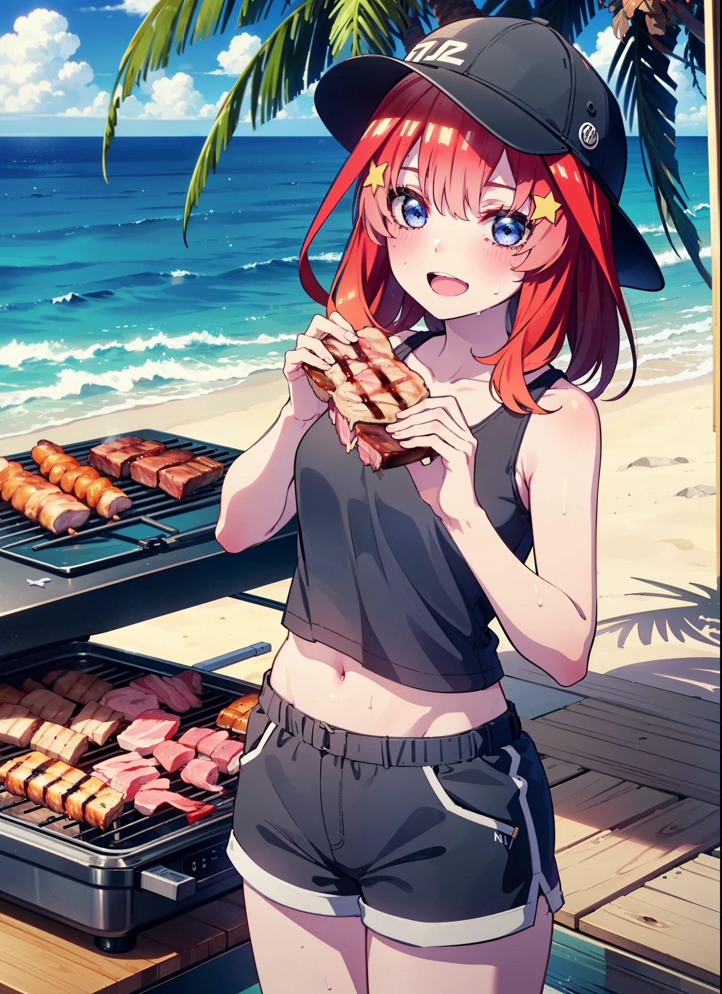 itsukinakano, Itsuki Nakano, bangs, blue eyes, Hair between the eyes, Redhead, star \(symbol\), hair ornaments, star hair ornaments,Baseball hats,happy smile, smile, Open your mouth,Red Tank Top,Belly button,Shorts,barefoot,Sweat,Beach,barbecue,cooking,Grilled meat,barbecue,Grilling meat,eating meat,Grilled meat,Palm tree,True Summer,Daytime,Clear skies,
break indoors, Beach,Sandy Beach,
break looking at viewer, (Cowboy Shot:1.5),
break (masterpiece:1.2), Highest quality, High resolution, unity 8k wallpaper, (figure:0.8), (Beautiful attention to detail:1.6), Highly detailed face, Perfect lighting, Highly detailed CG, (Perfect hands, Perfect Anatomy),