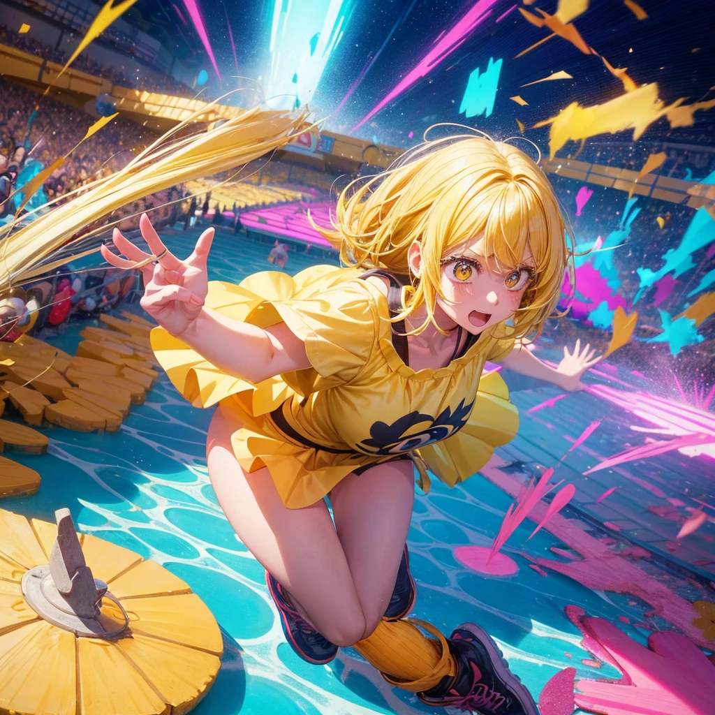 Create an anime-style image of a clumsy and naturally awkward girl with bright yellow hair. She should be wearing a cute, casual yellow outfit, such as a dress or a top with a skirt. Depict her in a moment where she is tripping or stumbling, showing a panicked and embarrassed expression. Her hair is styled in a playful, slightly messy fashion. The background should be lively and fun, with bright colors and dynamic elements that emphasize her clumsiness. Add small, amusing details around her, like scattered items she has knocked over, to enhance the playful and whimsical atmosphere. Make sure the overall image is vibrant and engaging, suitable for use as a thumbnail.