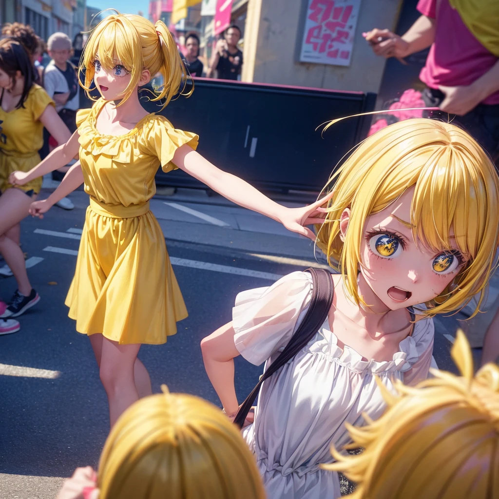 Create an anime-style image of a clumsy and naturally awkward girl with bright yellow hair. She should be wearing a cute, casual yellow outfit, such as a dress or a top with a skirt. Depict her in a moment where she is tripping or stumbling, showing a panicked and embarrassed expression. Her hair is styled in a playful, slightly messy fashion. The background should be lively and fun, with bright colors and dynamic elements that emphasize her clumsiness. Add small, amusing details around her, like scattered items she has knocked over, to enhance the playful and whimsical atmosphere. Make sure the overall image is vibrant and engaging, suitable for use as a thumbnail.