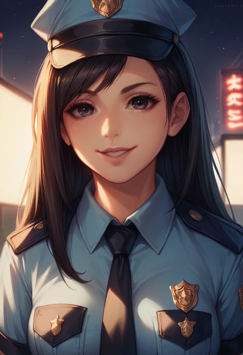 Woman, beautiful, black hair, sexy police officer in uniform, black color, night, soft light, facial details, from front, with gun, smiling, light pink lips, --Realistic Style-Imagination-