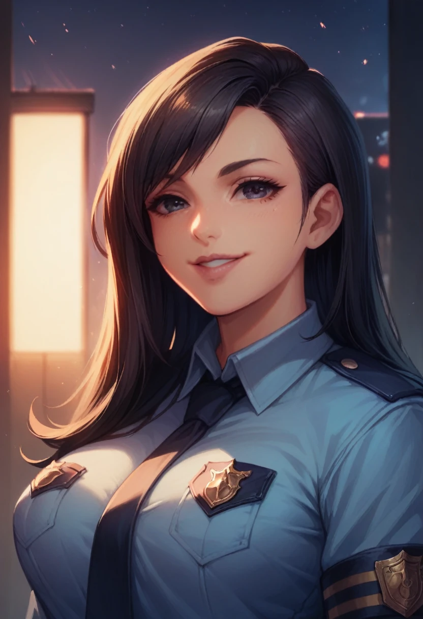 Woman, beautiful, black hair, sexy police officer in uniform, black color, night, soft light, facial details, from front, with gun, smiling, light pink lips, --Realistic Style-Imagination-